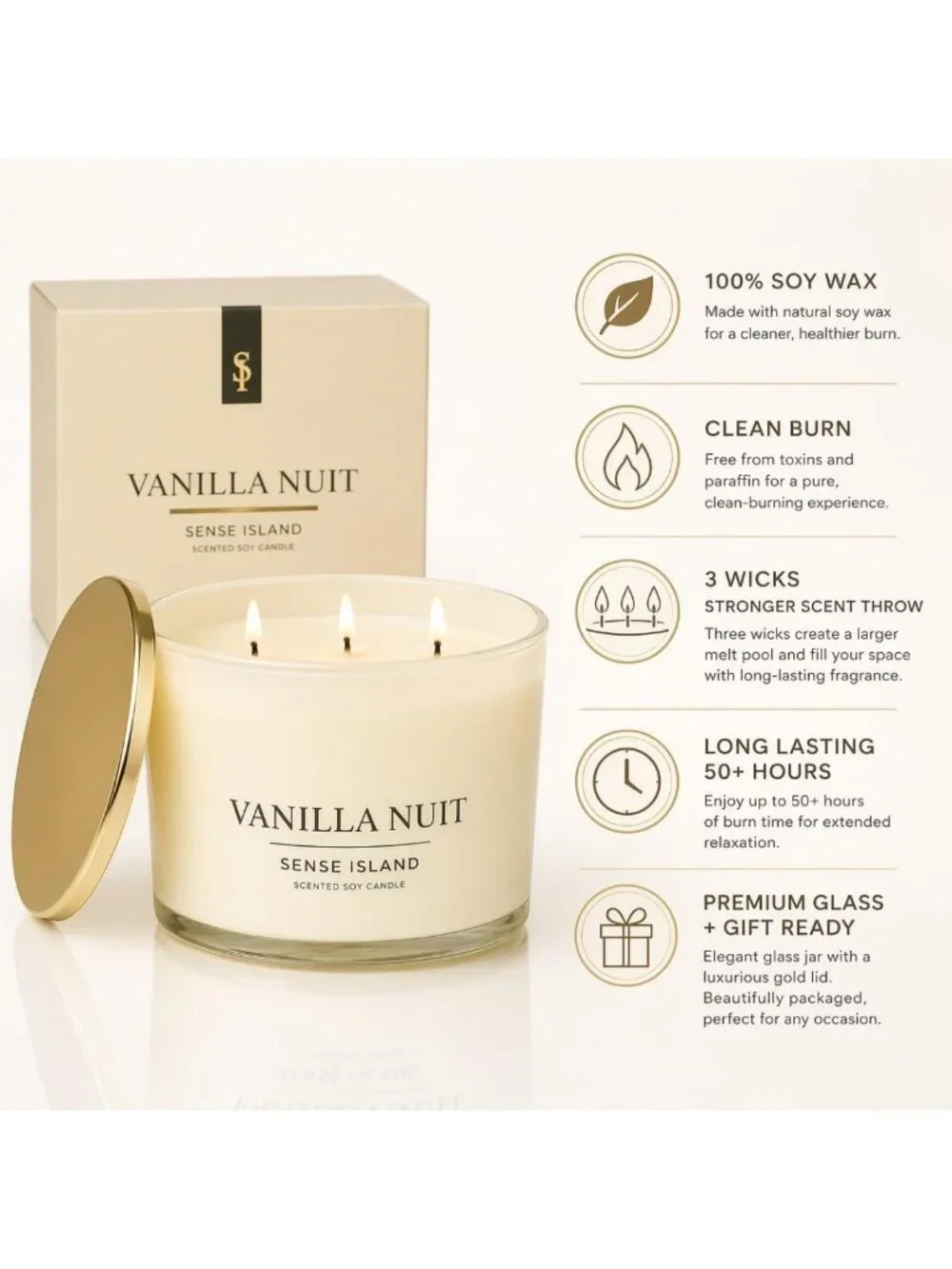 Large 3 Wick Vanilla Soy Candle - 50 Hour Burn, Natural Wax, Beige Glass, Luxury